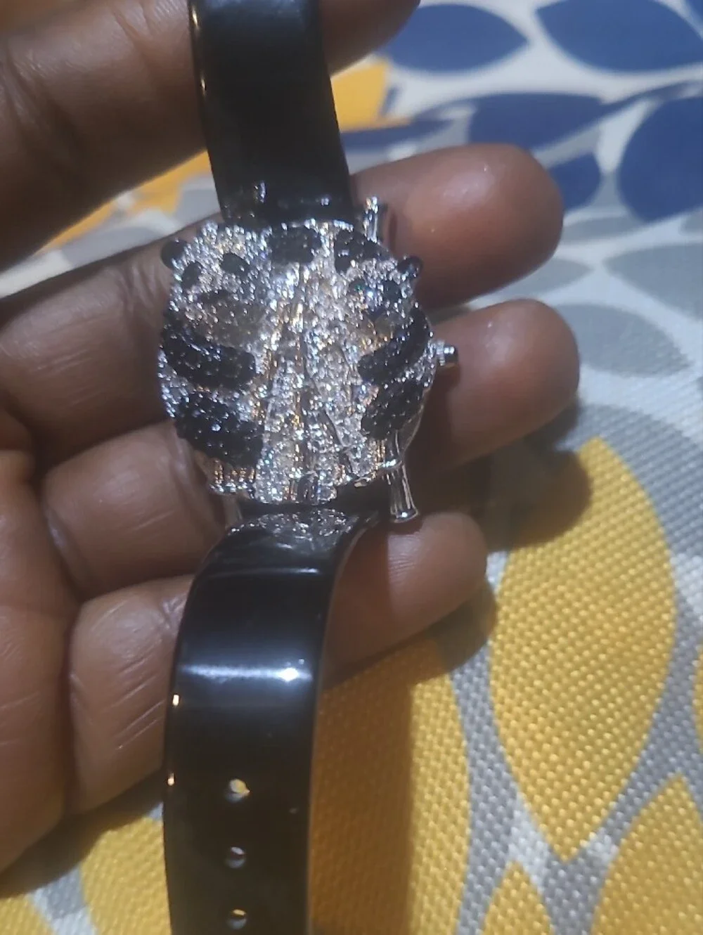 Victoria Wieck Black Patent Bracelet Watch with Crystal Panda Motif